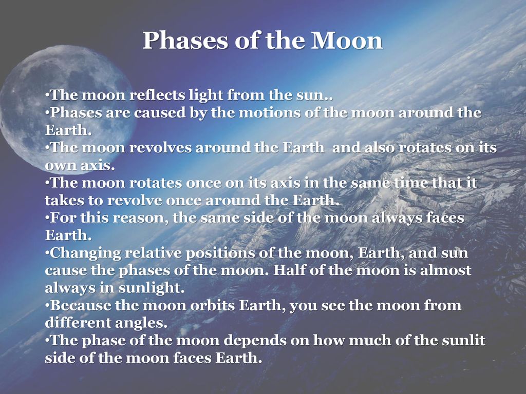 Phases of the Moon The moon reflects light from the sun..