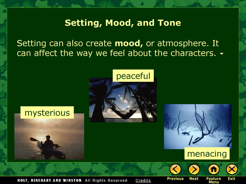 Setting, Mood, and Tone Setting can also create mood, or atmosphere. It can affect the way we feel about the characters.