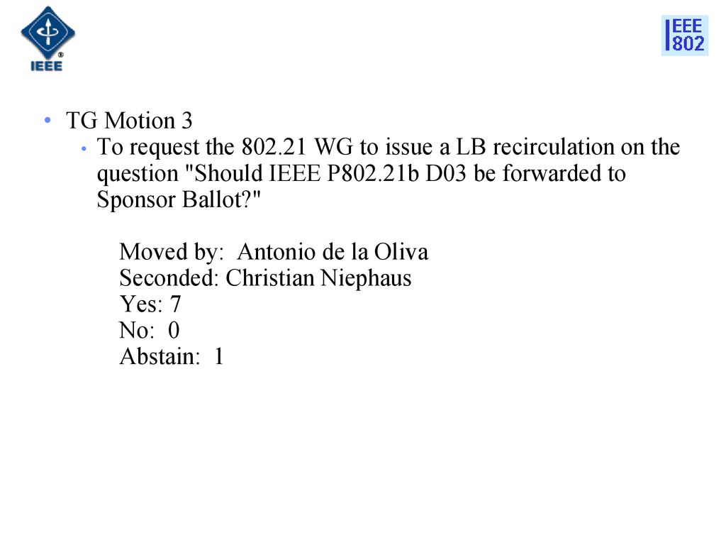 TG Motion 3 To request the WG to issue a LB recirculation on the question Should IEEE P802.21b D03 be forwarded to Sponsor Ballot