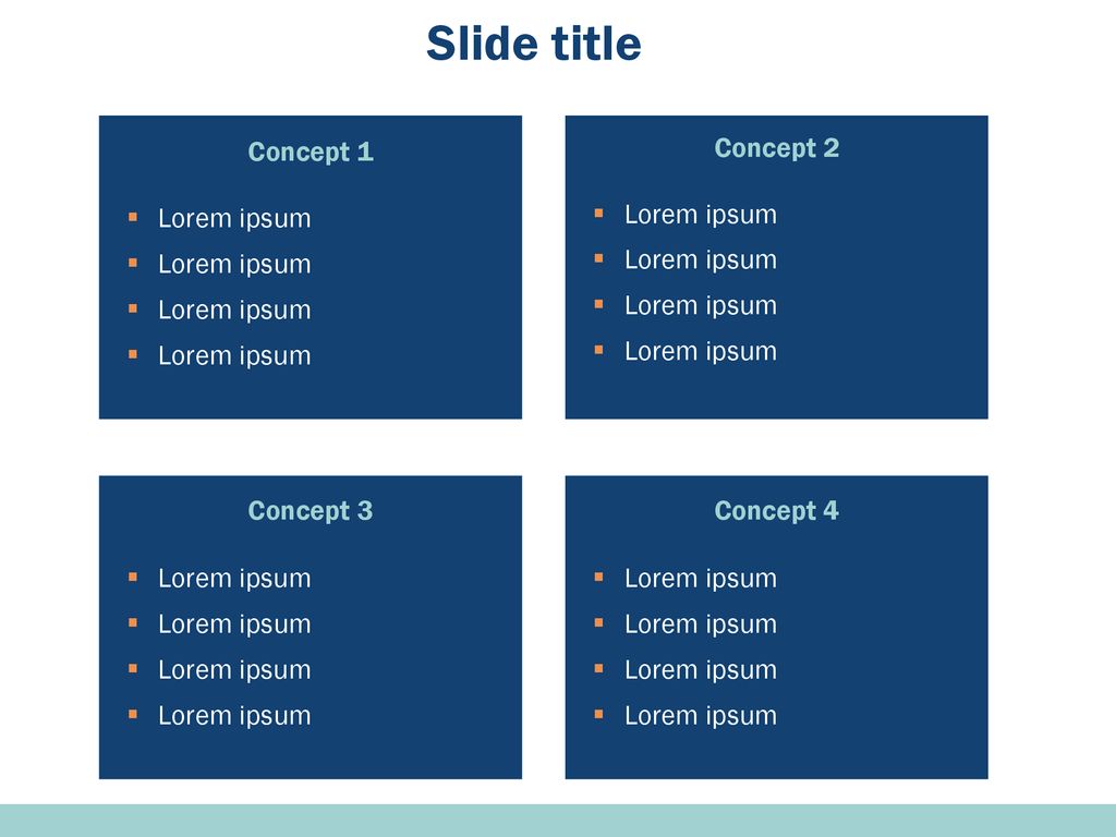 Slide title Concept 1 Concept 2 Lorem ipsum Lorem ipsum Concept 3