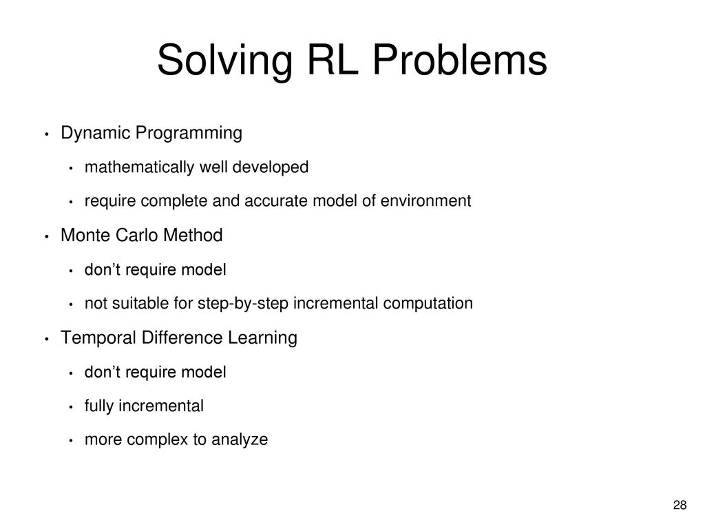 Solving RL Problems Dynamic Programming Monte Carlo Method