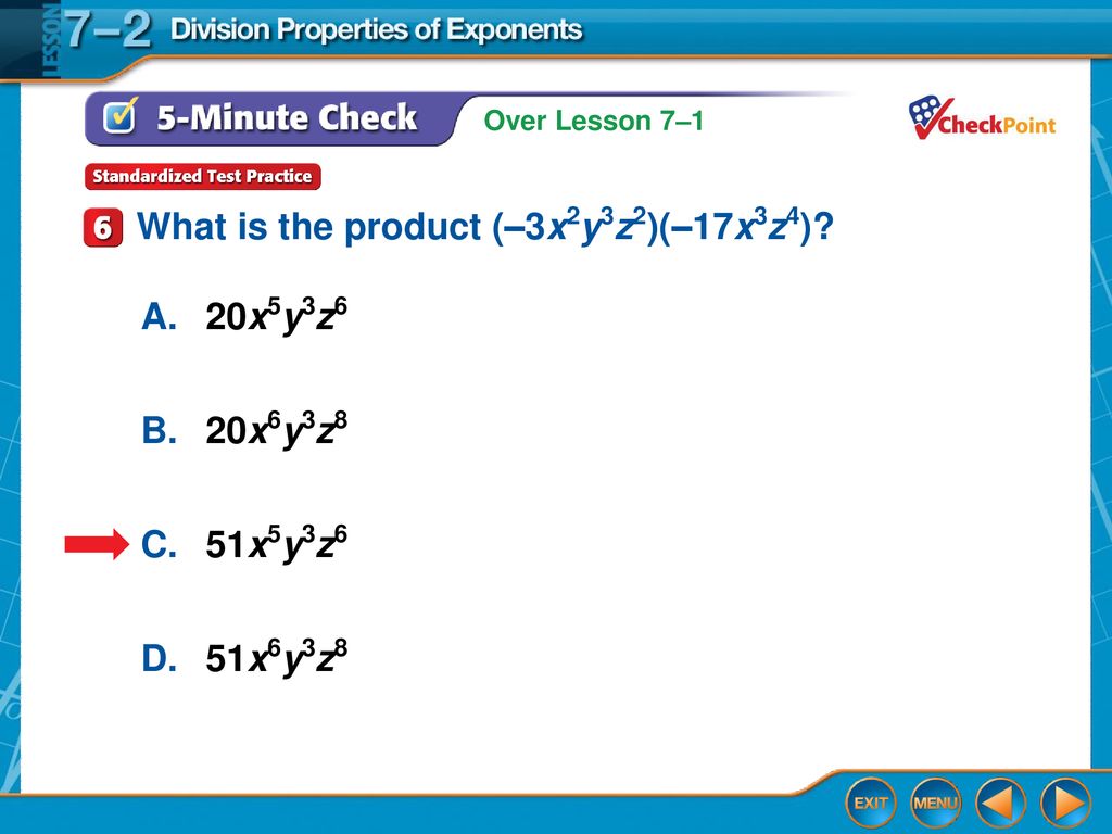 What is the product (–3x2y3z2)(–17x3z4)