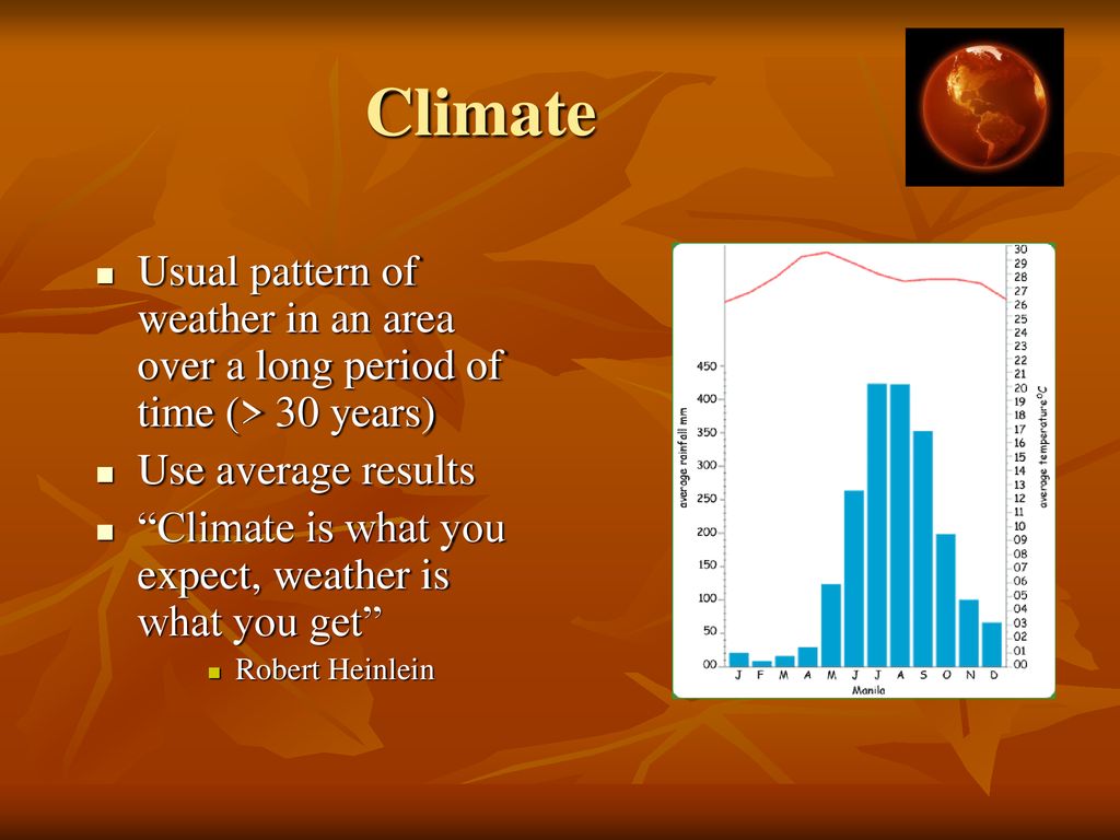 Climate Usual pattern of weather in an area over a long period of time (> 30 years) Use average results.
