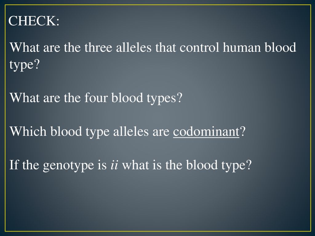 CHECK: What are the three alleles that control human blood type What are the four blood types Which blood type alleles are codominant