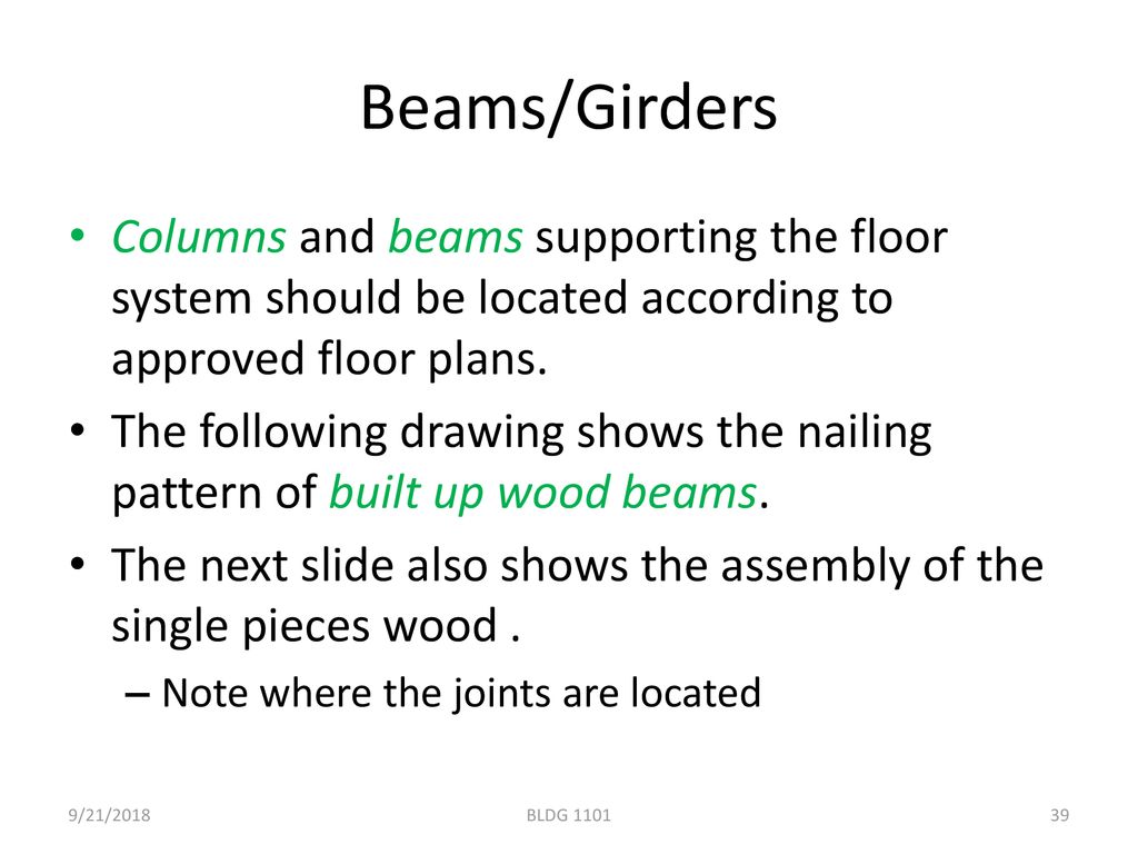 Beams/Girders Columns and beams supporting the floor system should be located according to approved floor plans.