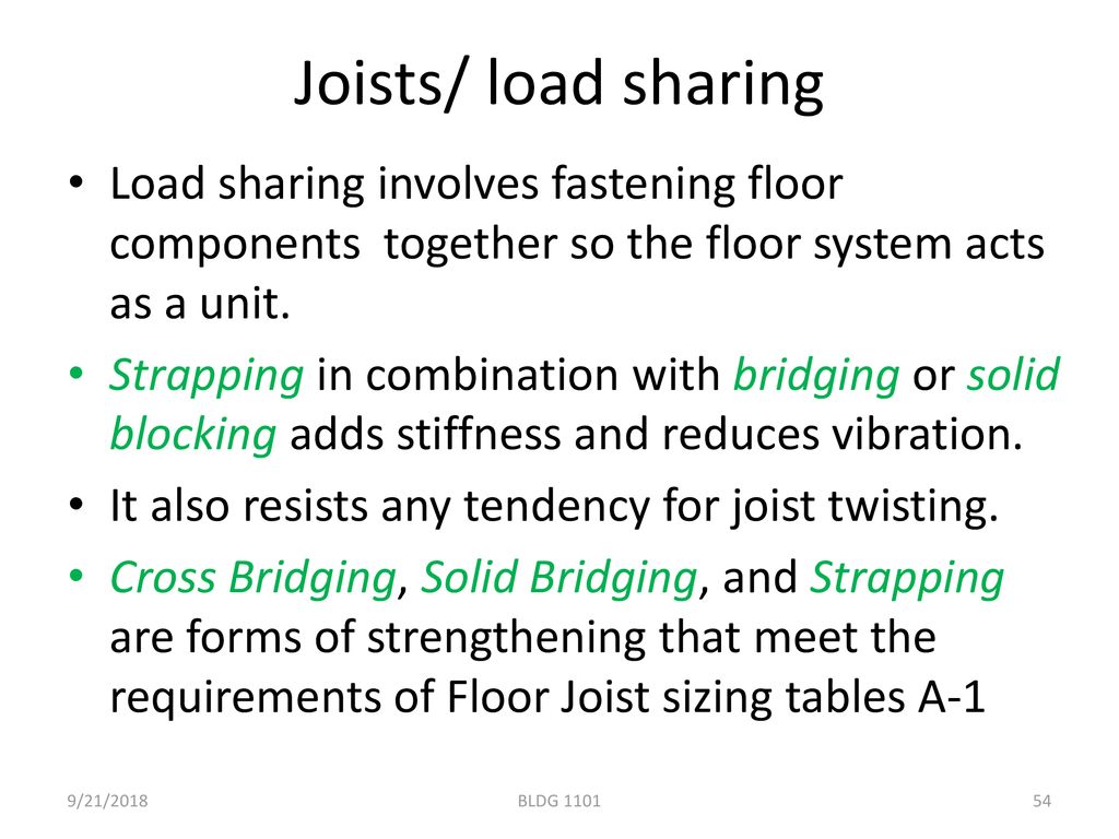 Joists/ load sharing Load sharing involves fastening floor components together so the floor system acts as a unit.