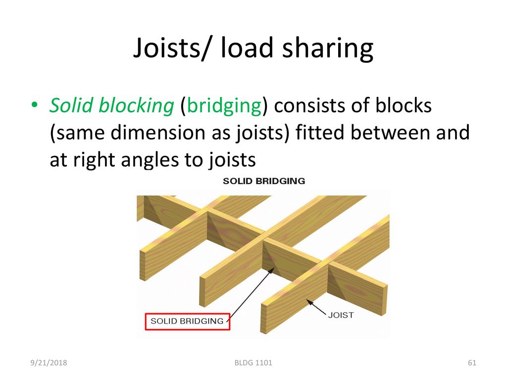 Joists/ load sharing Solid blocking (bridging) consists of blocks (same dimension as joists) fitted between and at right angles to joists.