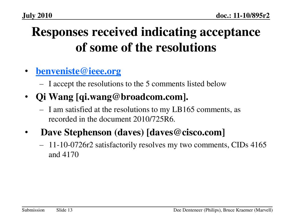 Responses received indicating acceptance of some of the resolutions