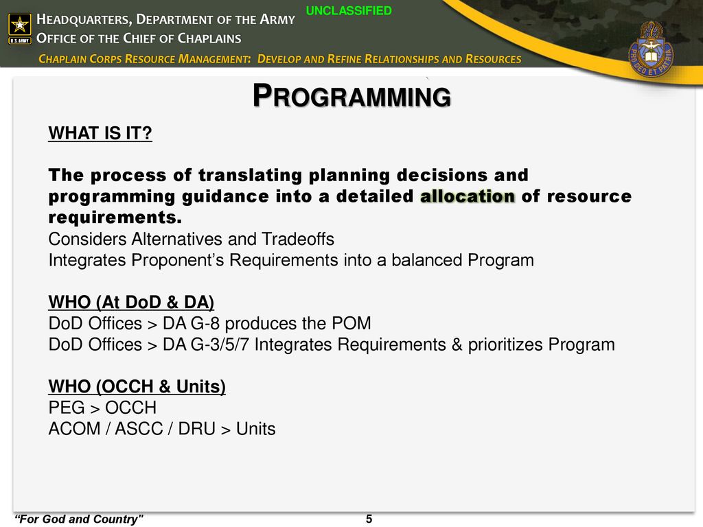 Programming WHAT IS IT The process of translating planning decisions and programming guidance into a detailed allocation of resource requirements.