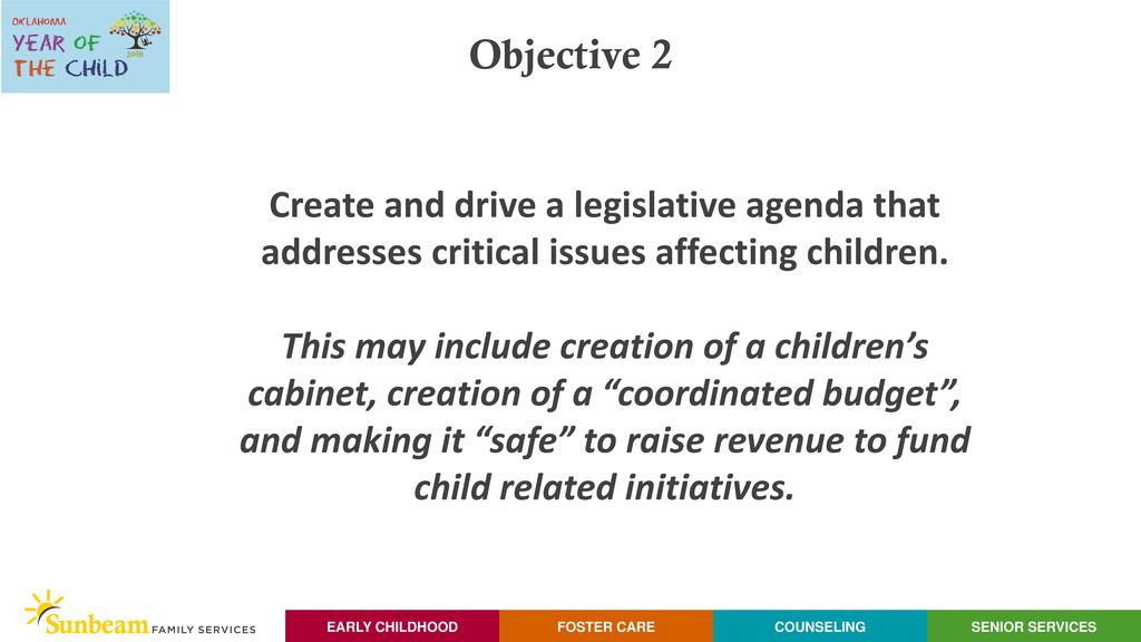 Objective 2 Create and drive a legislative agenda that addresses critical issues affecting children.