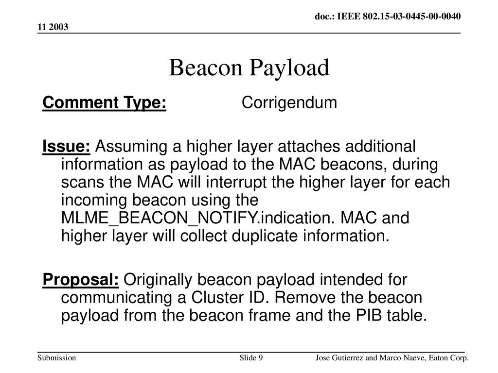 Beacon Payload Comment Type: Corrigendum