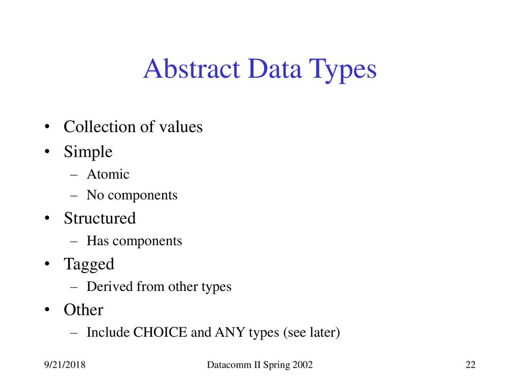 Abstract Data Types Collection of values Simple Structured Tagged