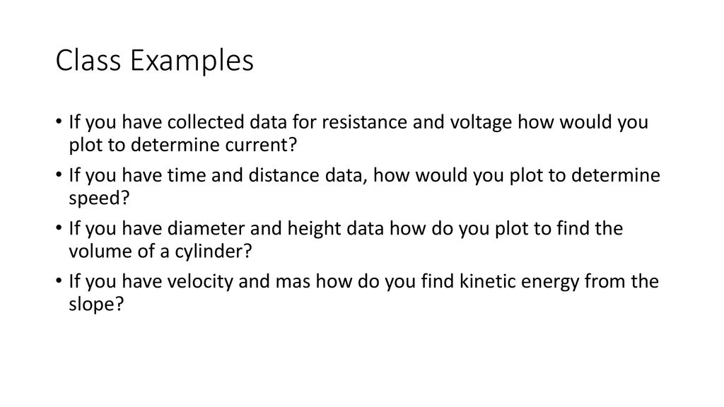Class Examples If you have collected data for resistance and voltage how would you plot to determine current