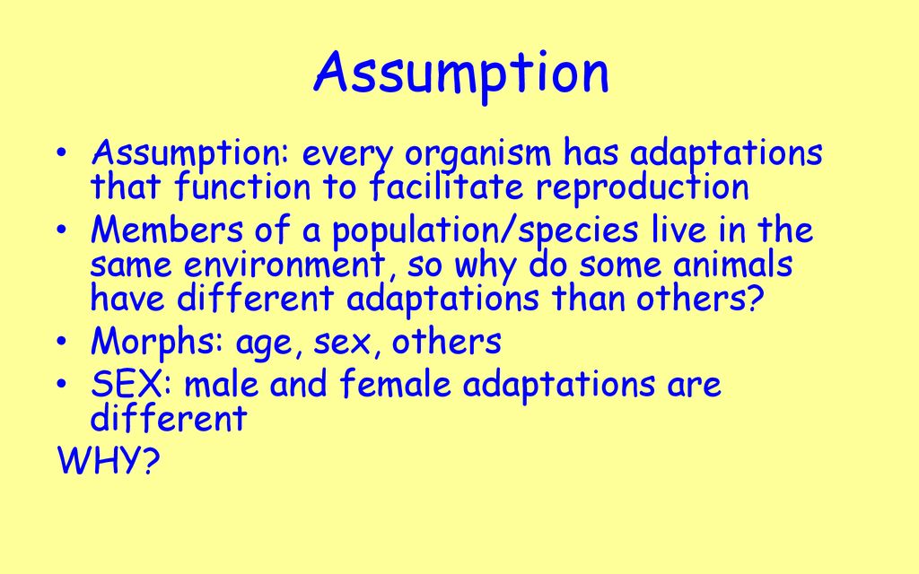 Assumption Assumption: every organism has adaptations that function to facilitate reproduction.