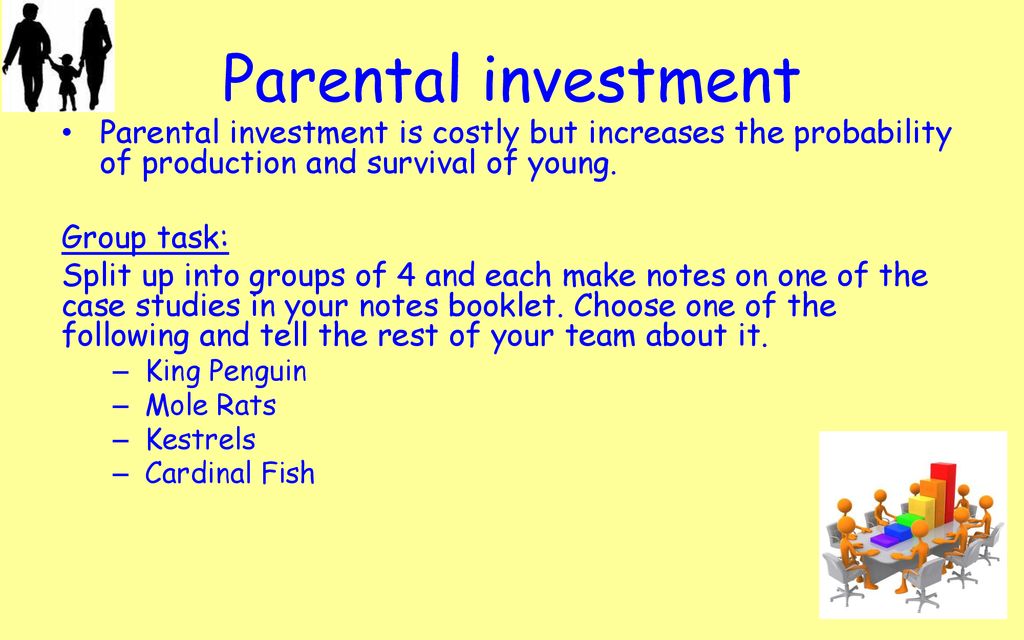 Parental investment Parental investment is costly but increases the probability of production and survival of young.