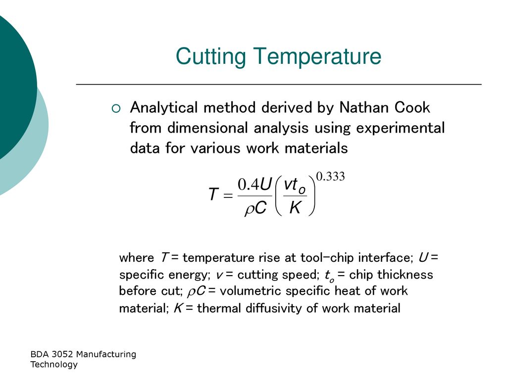 Cutting Temperature Analytical method derived by Nathan Cook from dimensional analysis using experimental data for various work materials.