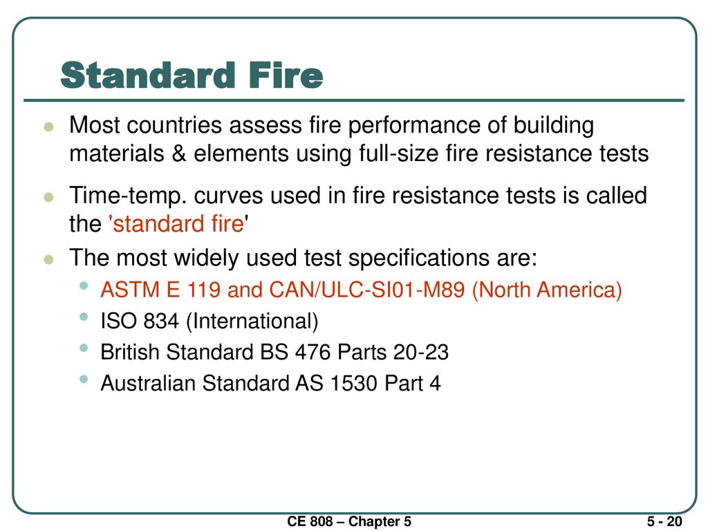 Standard Fire Most countries assess fire performance of building materials & elements using full-size fire resistance tests.