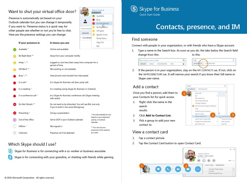Contacts, presence, and IM Quick Start Guide, pages 4 and 1
