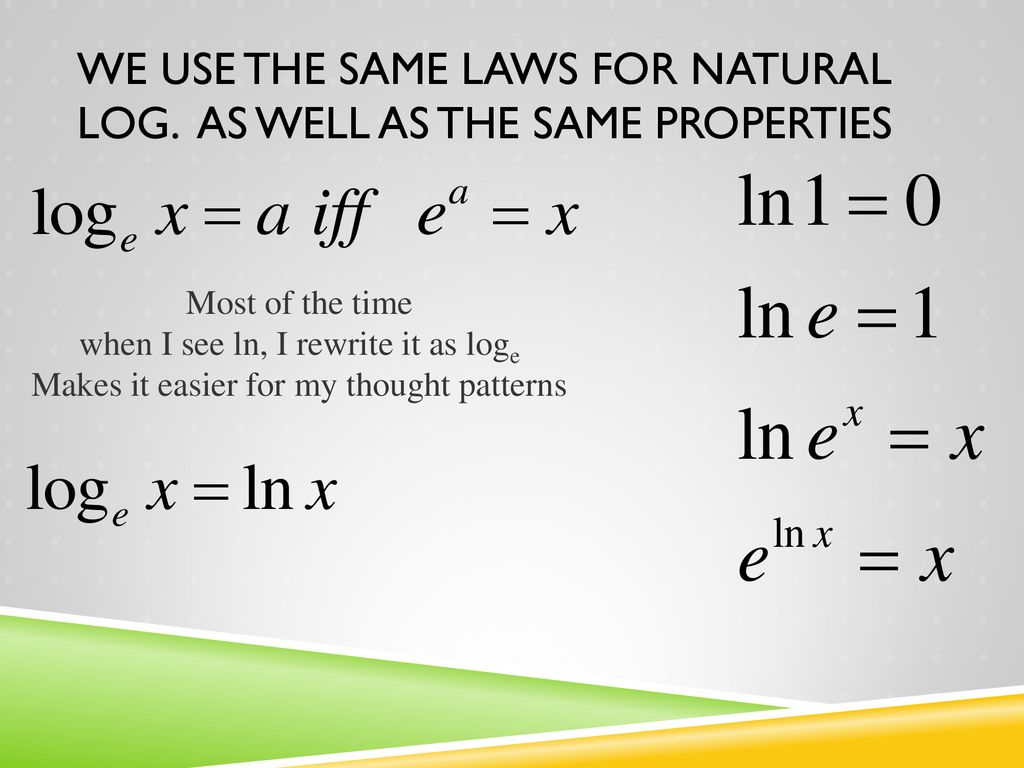 We use the same laws for natural log. As well as the same properties