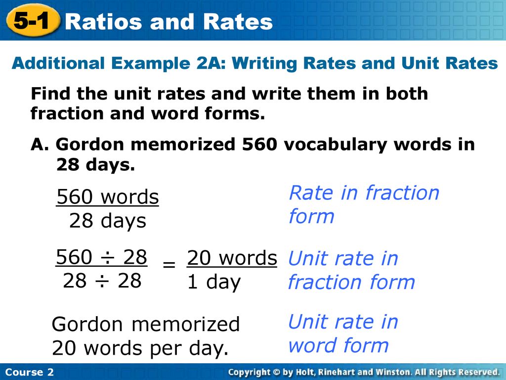 Additional Example 2A: Writing Rates and Unit Rates