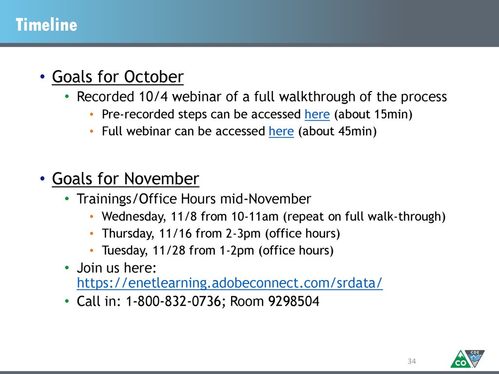 Timeline Goals for October Goals for November