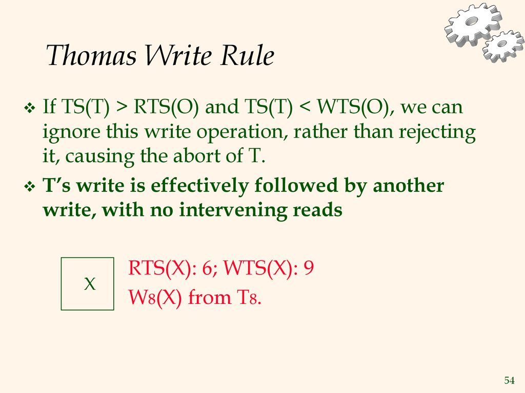 Thomas Write Rule If TS(T) > RTS(O) and TS(T) < WTS(O), we can ignore this write operation, rather than rejecting it, causing the abort of T.