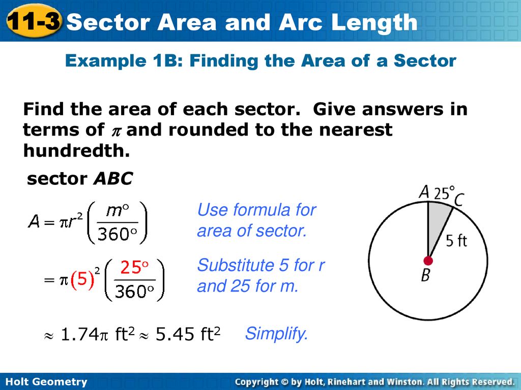 Example 1B: Finding the Area of a Sector