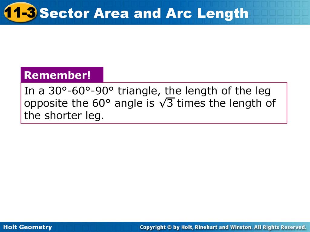 In a 30°-60°-90° triangle, the length of the leg opposite the 60° angle is √3 times the length of the shorter leg.