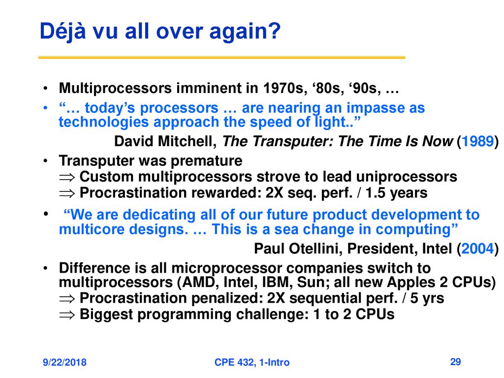 Déjà vu all over again Multiprocessors imminent in 1970s, ‘80s, ‘90s, …