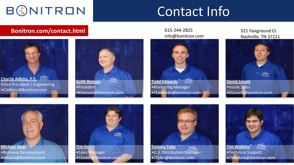 Contact Info Bonitron.com/contact.html Fairground Ct. Nashville, TN