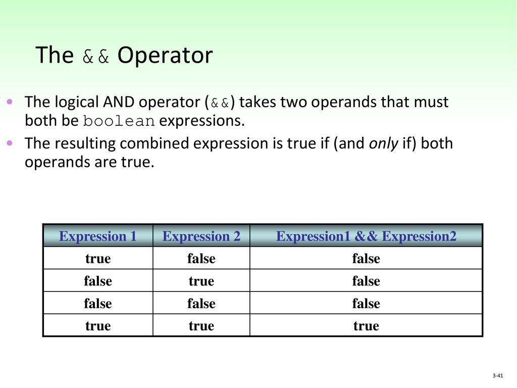The && Operator The logical AND operator (&&) takes two operands that must both be boolean expressions.
