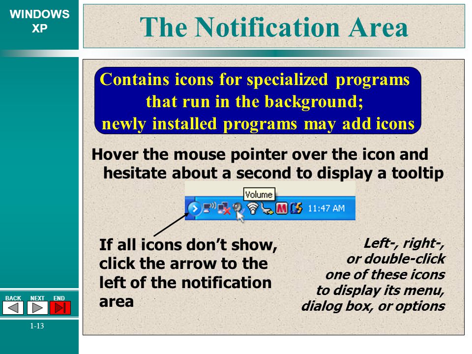 The Notification Area Contains icons for specialized programs that run in the background; newly installed programs may add icons.