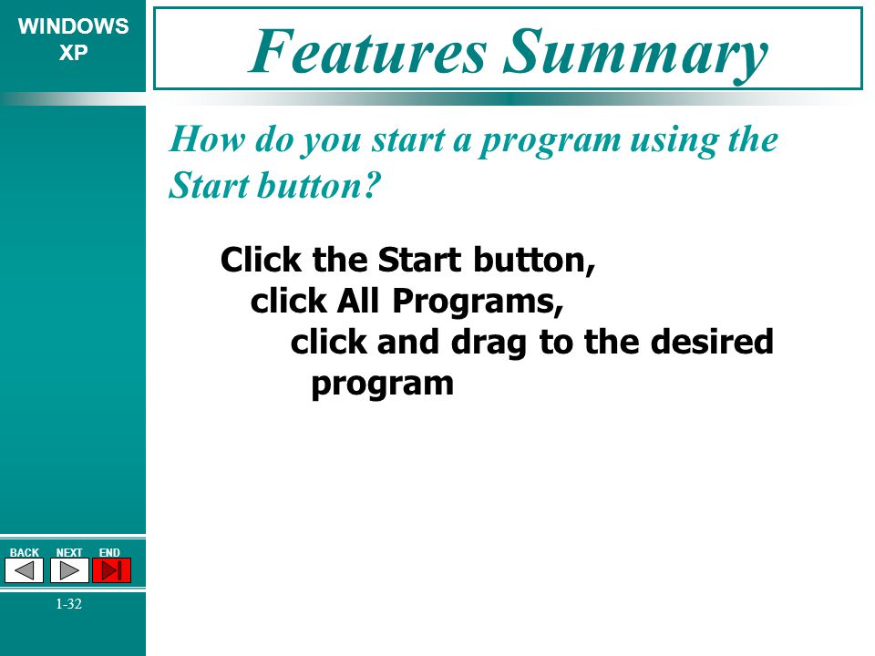 Features Summary How do you start a program using the Start button