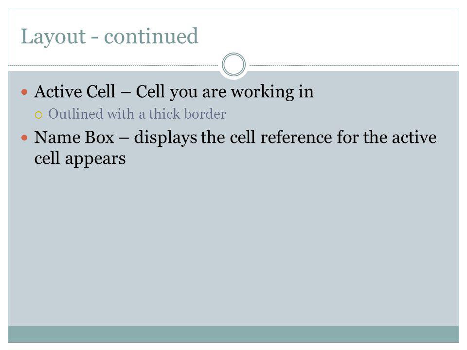 Layout - continued Active Cell – Cell you are working in