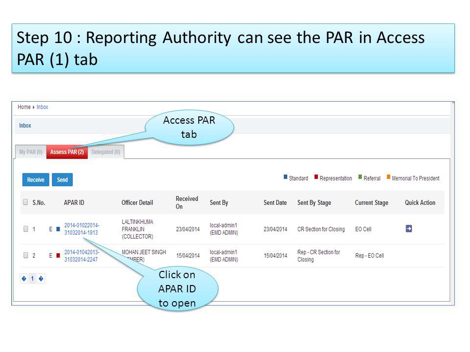 Step 10 : Reporting Authority can see the PAR in Access PAR (1) tab