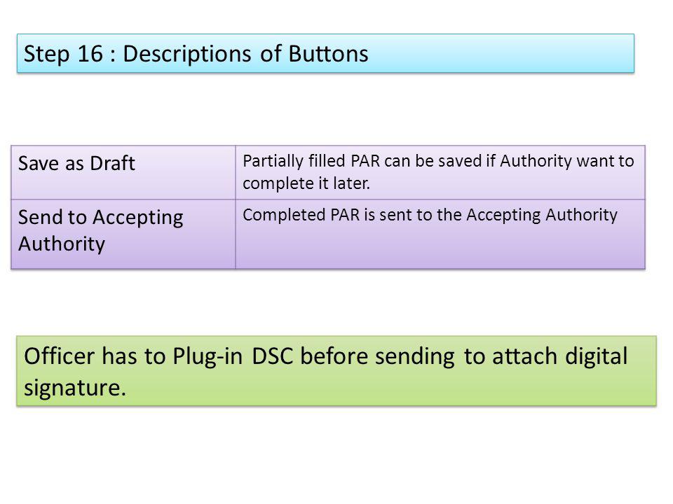 Step 16 : Descriptions of Buttons