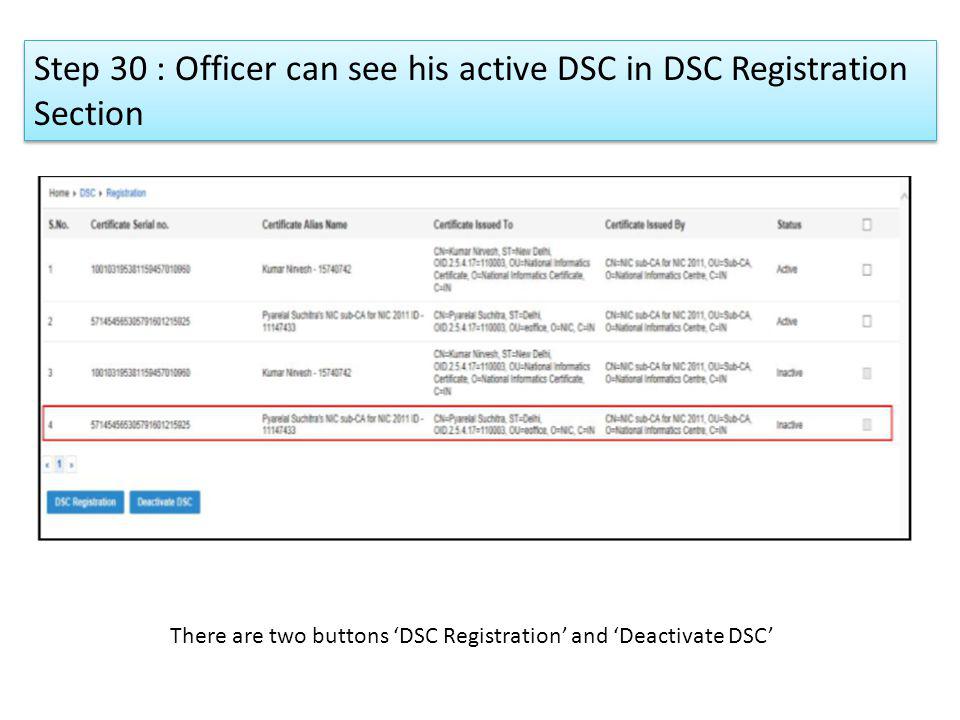 Step 30 : Officer can see his active DSC in DSC Registration Section