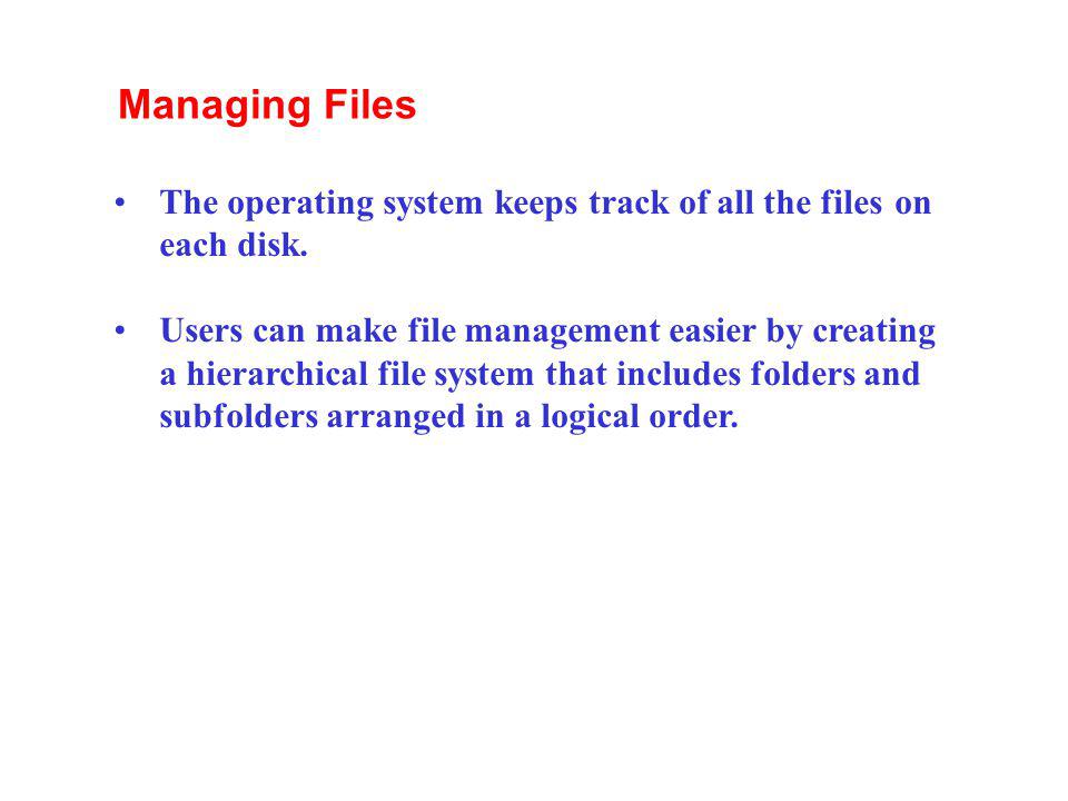 Managing Files The operating system keeps track of all the files on each disk.