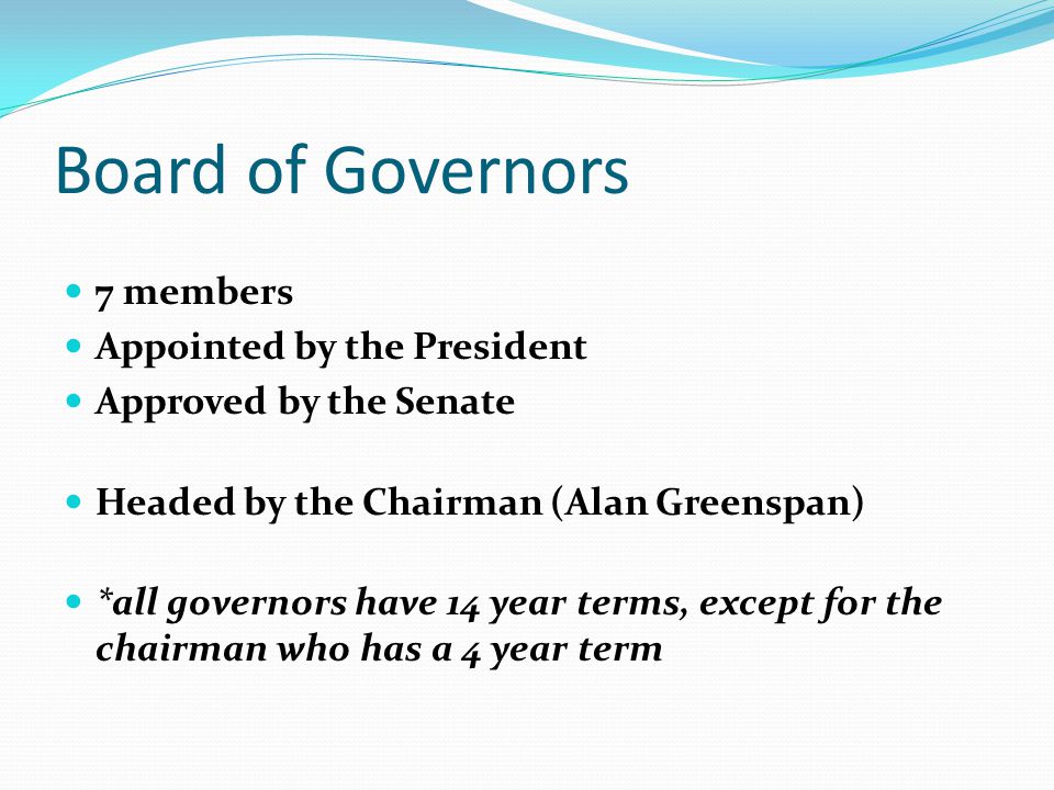 Board of Governors 7 members Appointed by the President
