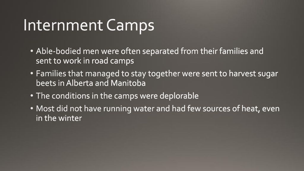 Internment Camps Able-bodied men were often separated from their families and sent to work in road camps.