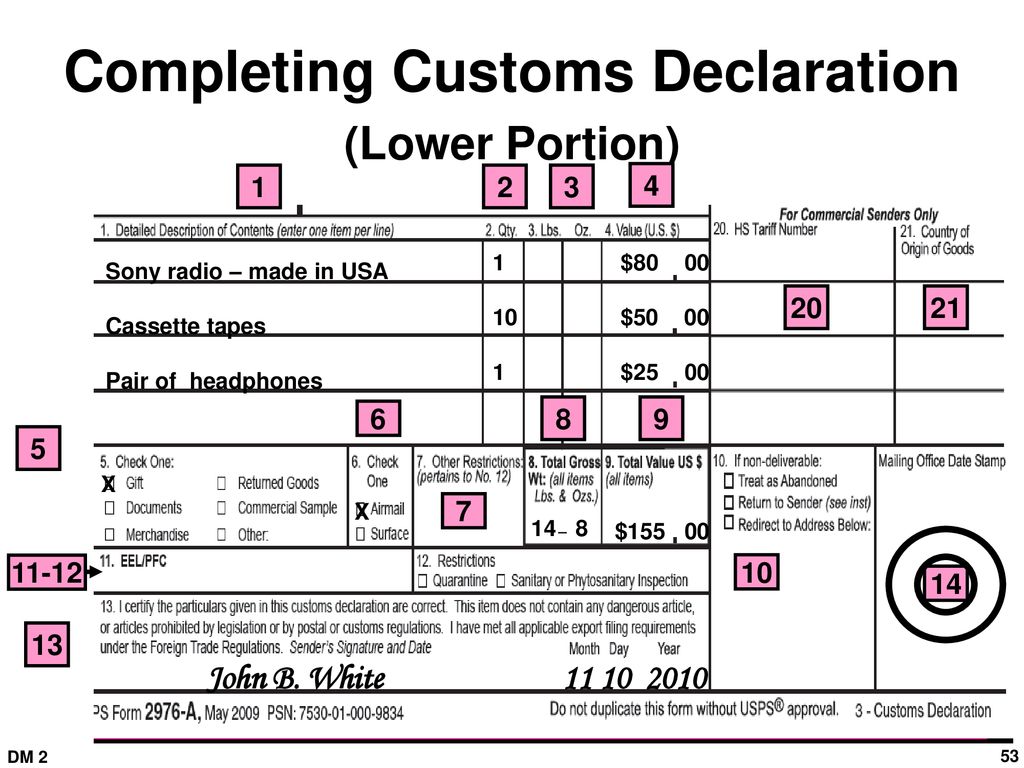 Completing Customs Declaration (Lower Portion)