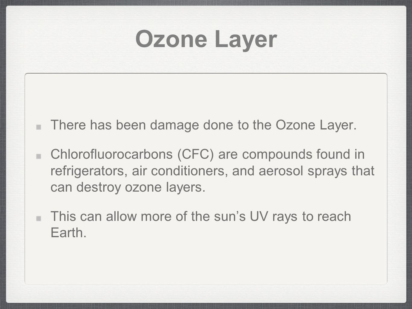 Ozone Layer There has been damage done to the Ozone Layer.