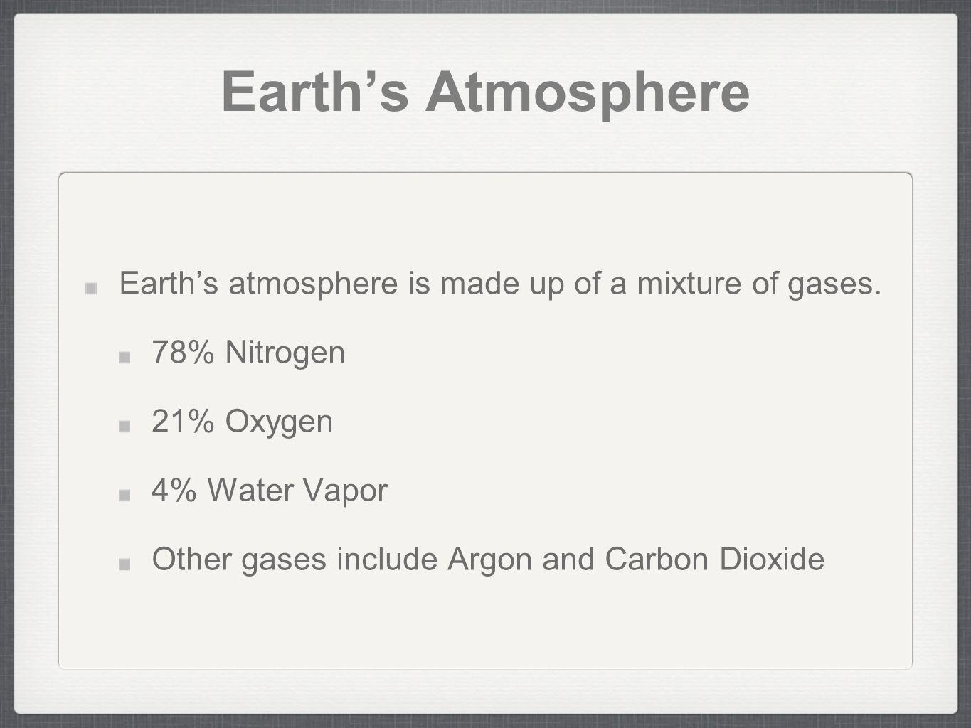 Earth’s Atmosphere Earth’s atmosphere is made up of a mixture of gases. 78% Nitrogen. 21% Oxygen.