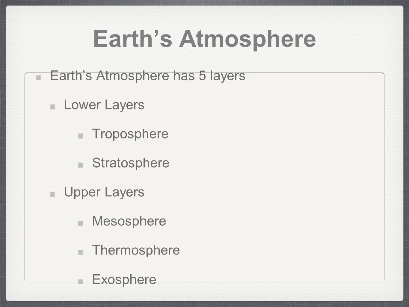Earth’s Atmosphere Earth’s Atmosphere has 5 layers Lower Layers