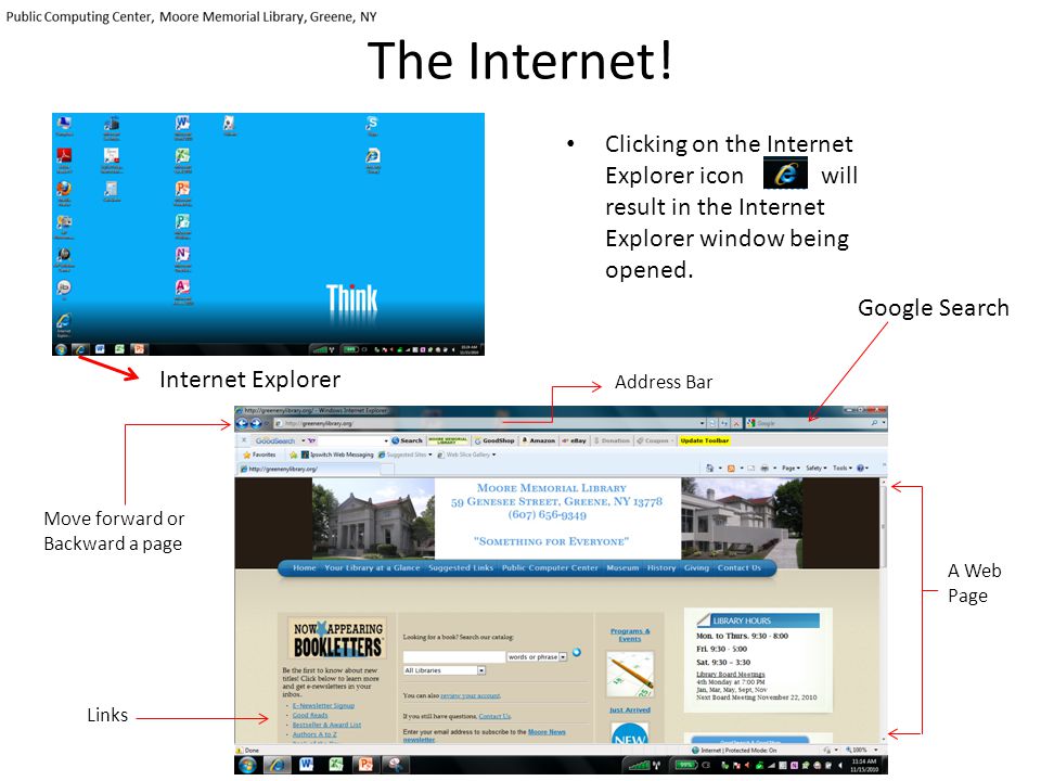 The Internet! Clicking on the Internet Explorer icon will result in the Internet Explorer window being opened.