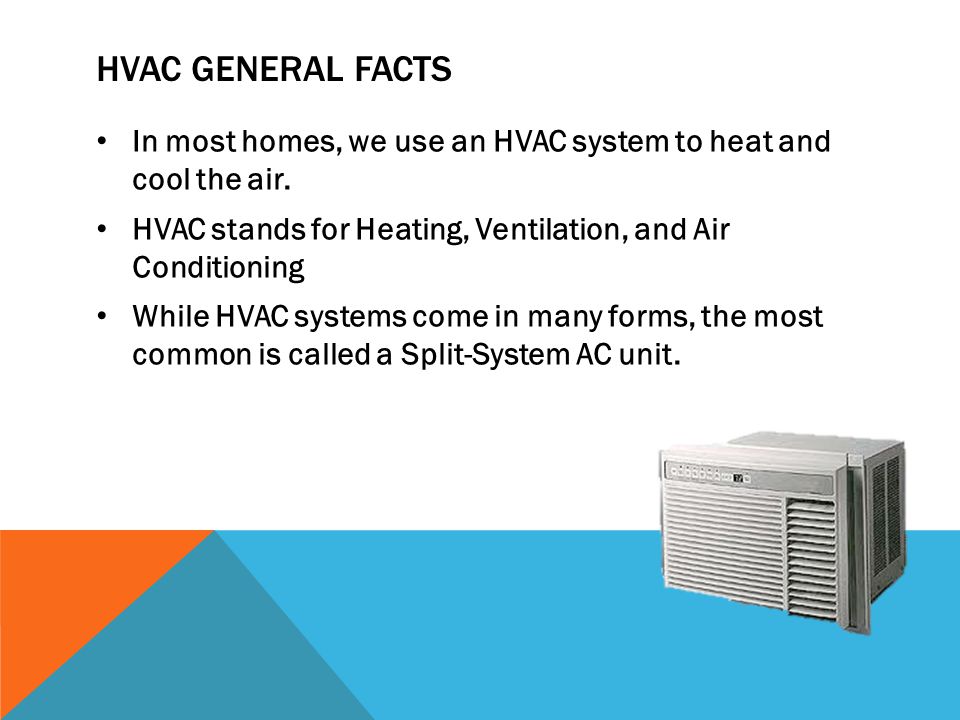 HVAC General facts In most homes, we use an HVAC system to heat and cool the air. HVAC stands for Heating, Ventilation, and Air Conditioning.