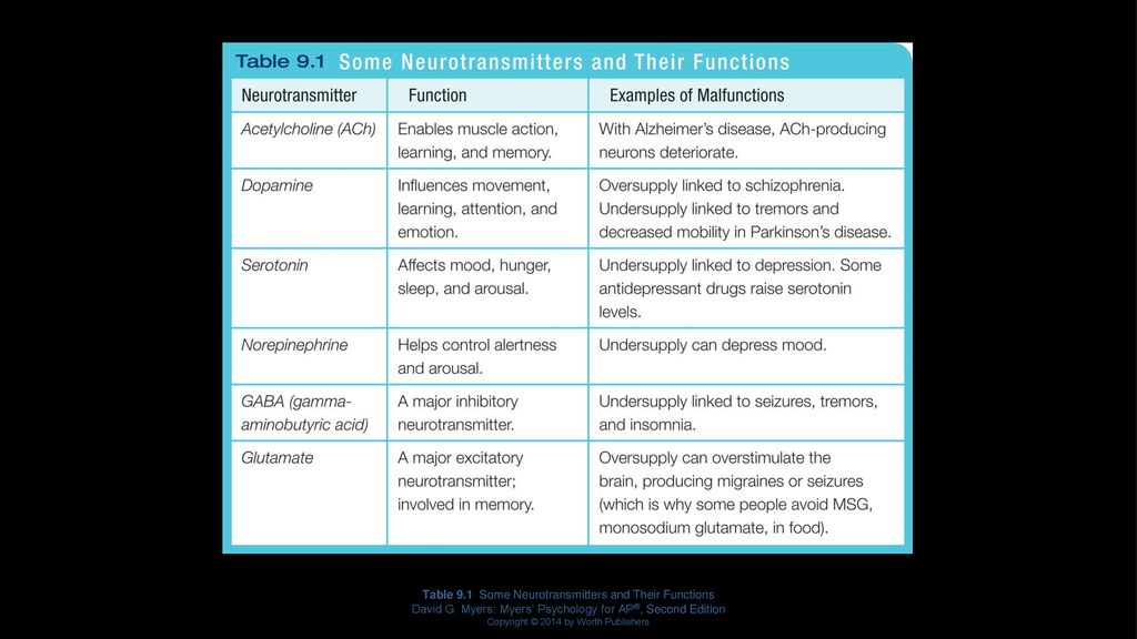 Table 9.1 Some Neurotransmitters and Their Functions