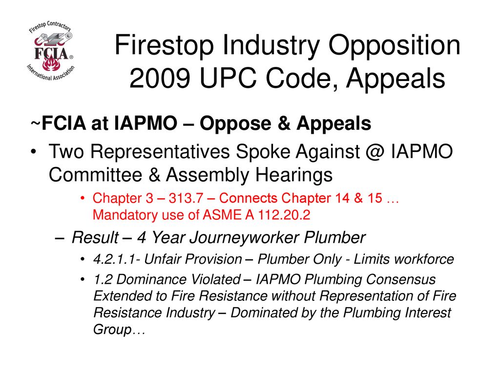 Firestop Industry Opposition 2009 UPC Code, Appeals