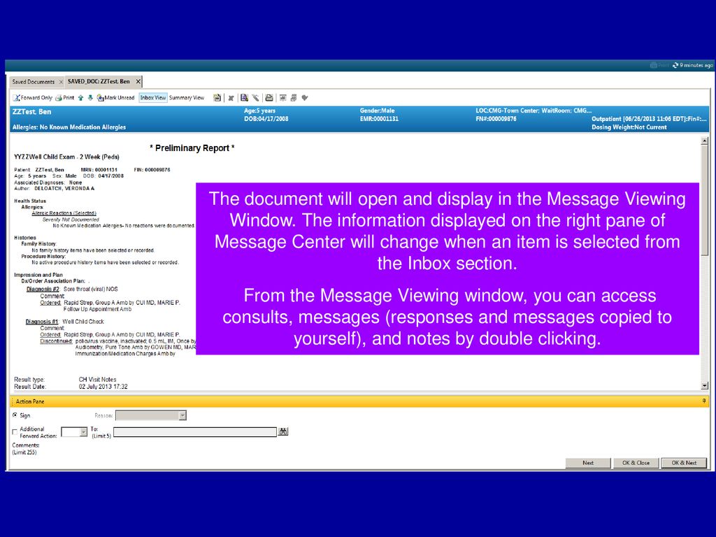 The document will open and display in the Message Viewing Window