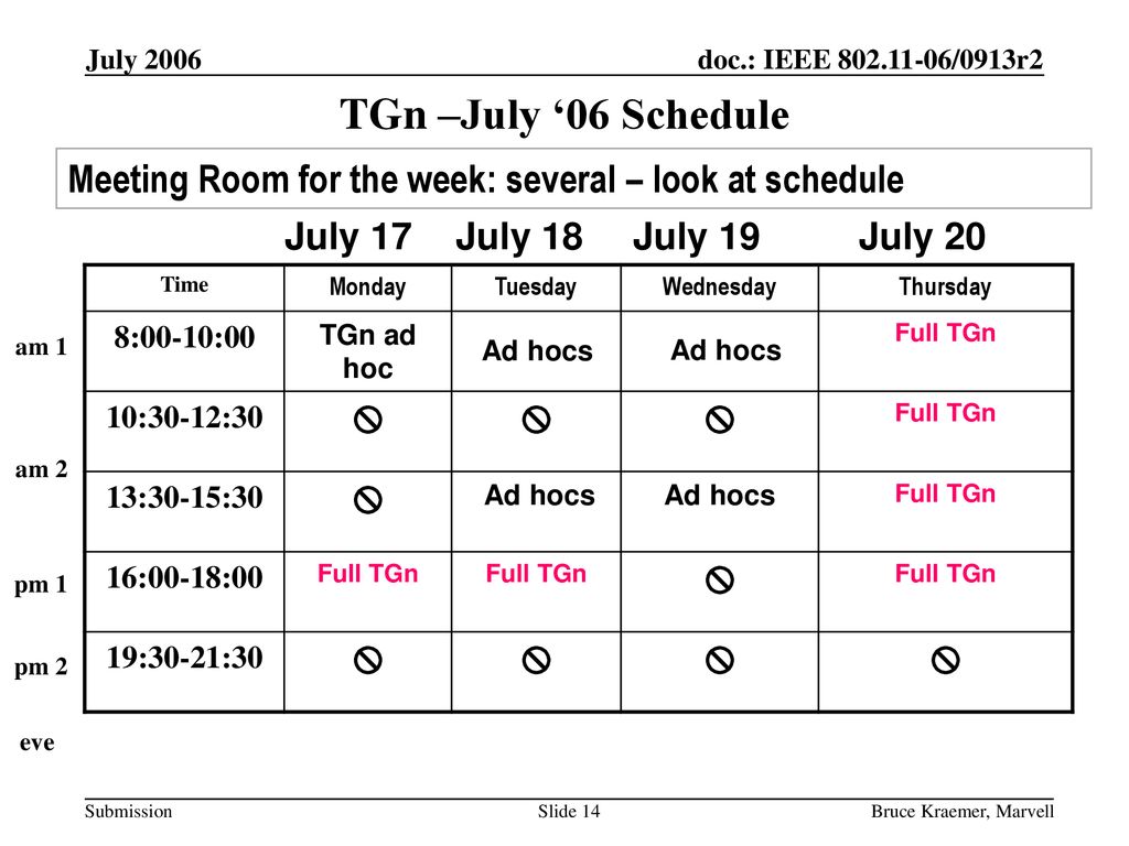 July 2006 doc.: IEEE /0913r2. July TGn –July ‘06 Schedule. Meeting Room for the week: several – look at schedule.